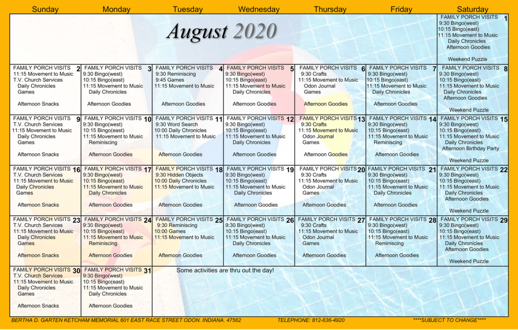 August Activity Calendar Ketcham Memorial Center